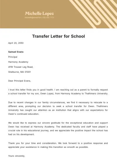 Free Transfer Letter for School Template to Edit Online