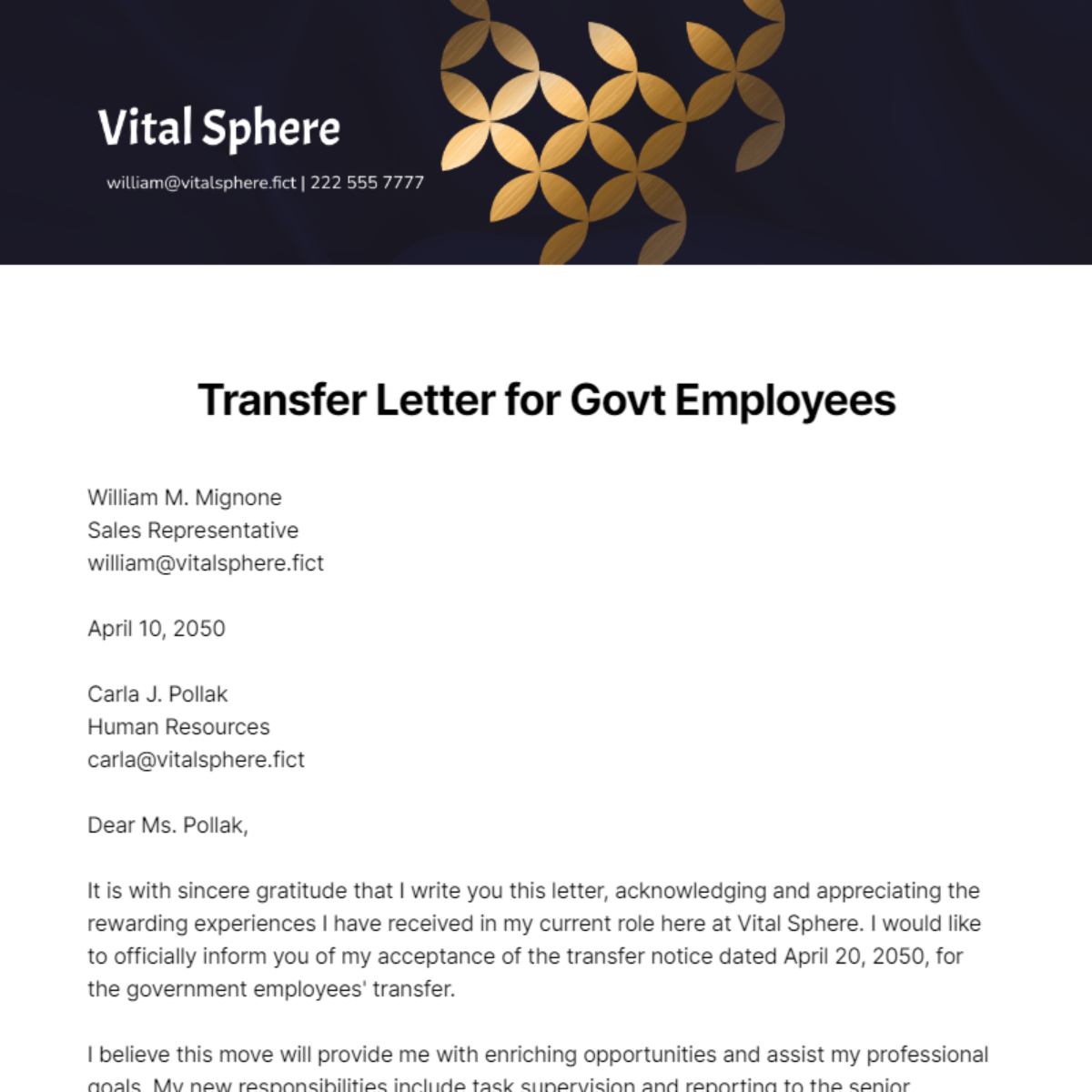 Free Transfer Letter for Govt Employees Template