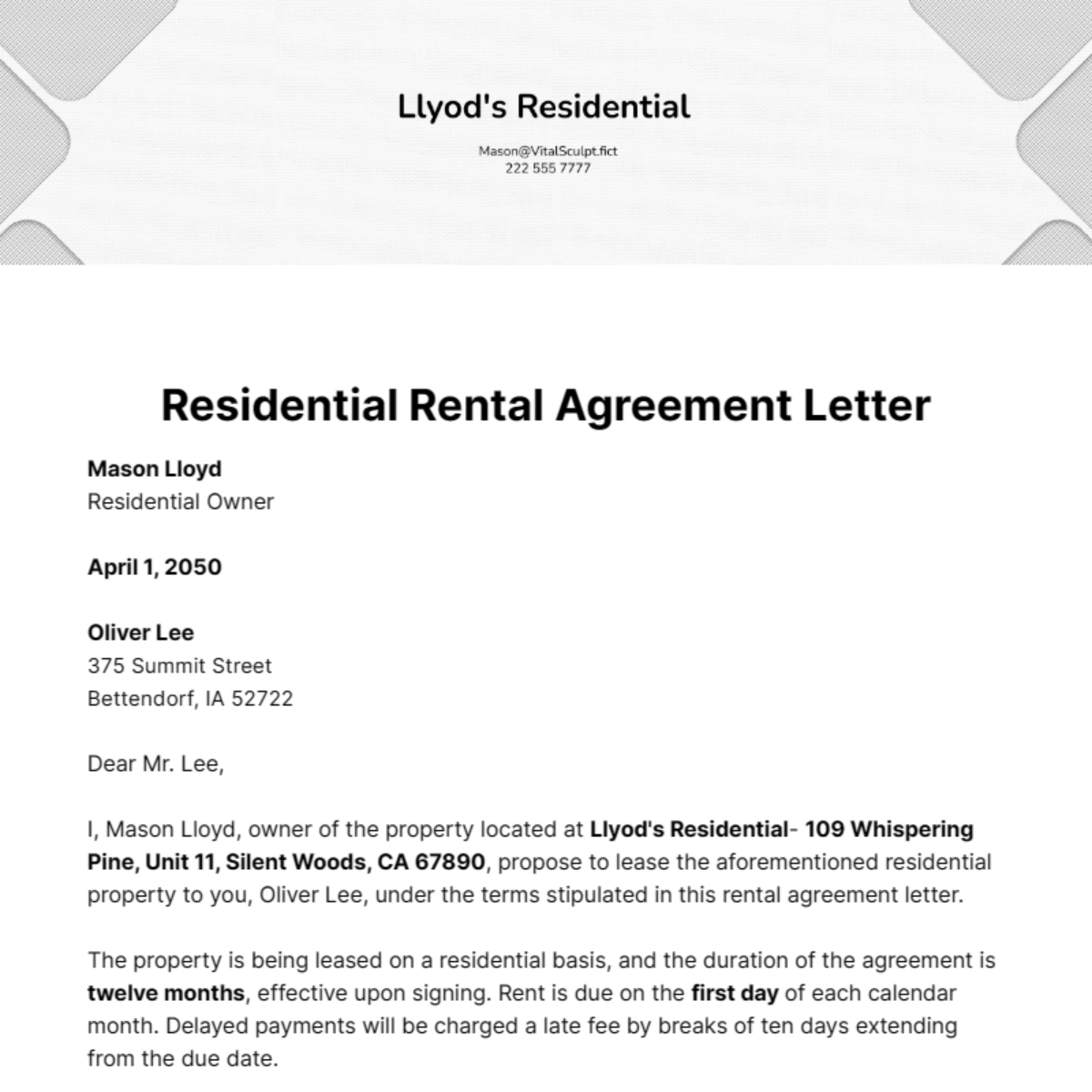 Residential Rental Agreement Letter Template