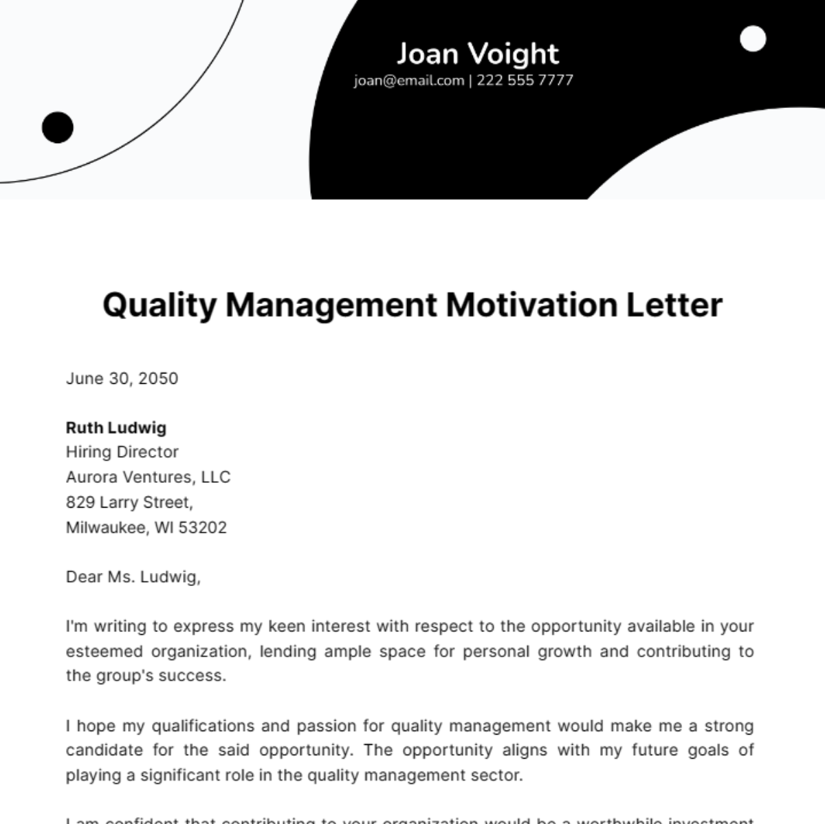Quality Management Motivation Letter Template