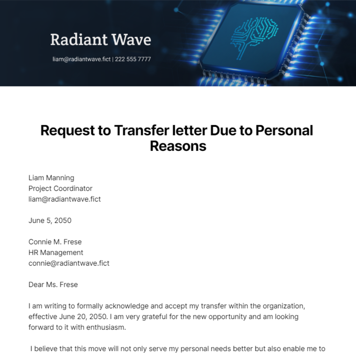 Request to Transfer Letter Due to Personal Reasons Template