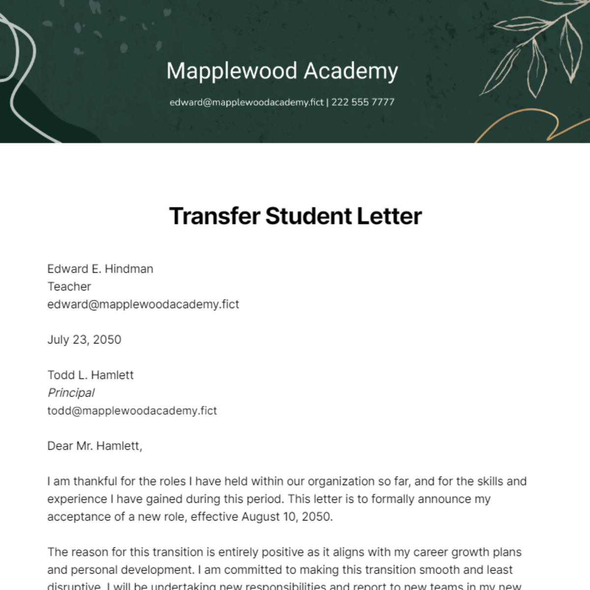 Free Transfer Student Letter Template