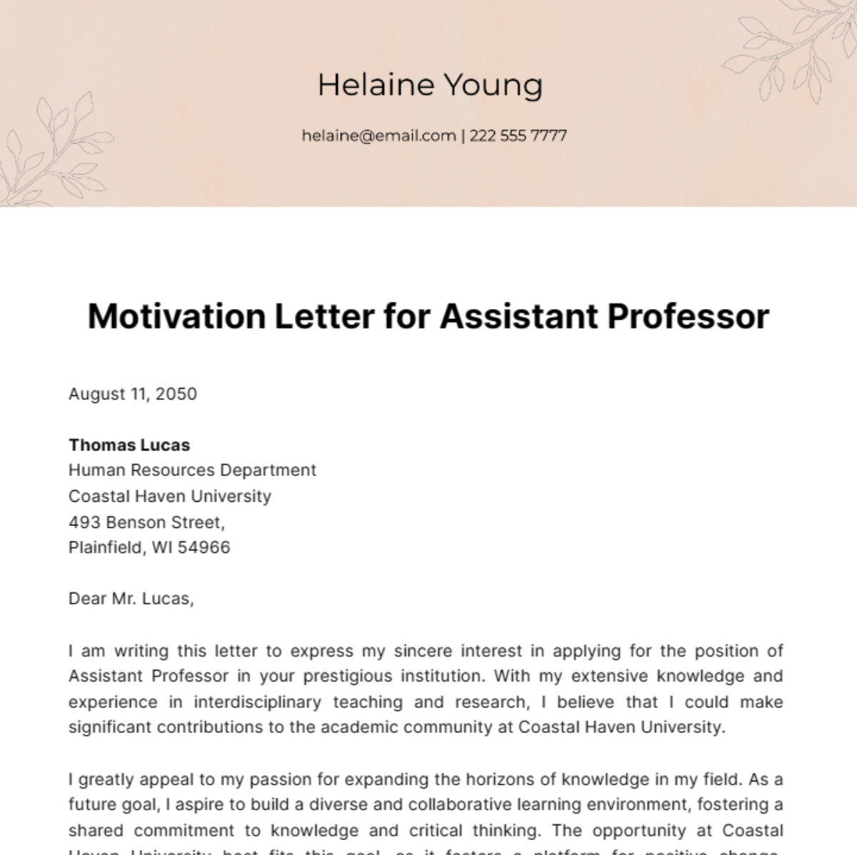 Motivation Letter for Assistant Professor Template