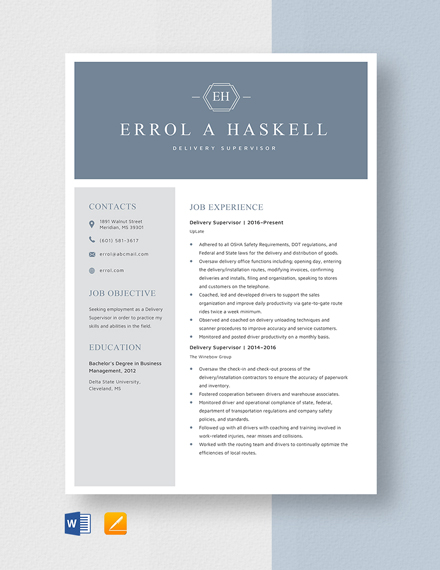 Delivery Supervisor Resume Template - Word, Apple Pages