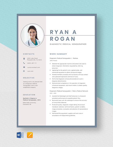 Diagnostic Medical Sonographer Resume Template - Word, Apple Pages