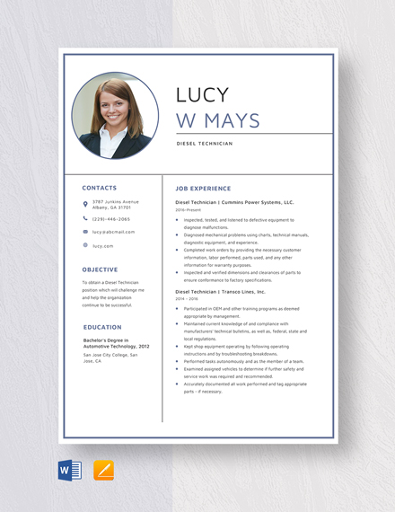 Diesel Technician Resume Template - Word, Apple Pages