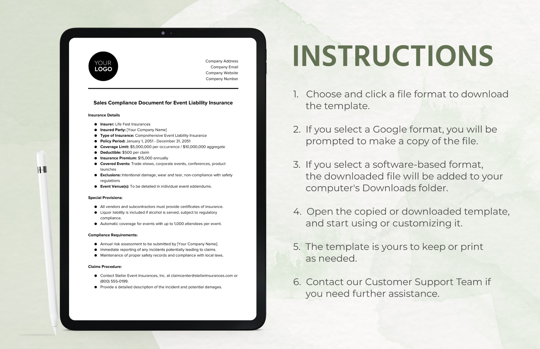 Sales Compliance Document for Event Liability Insurance Template