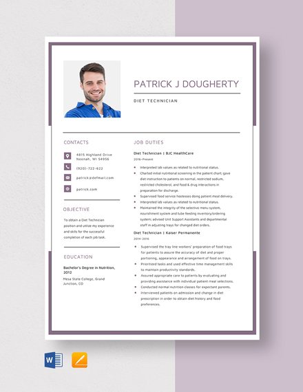 Diet Technician Resume Template - Word, Apple Pages