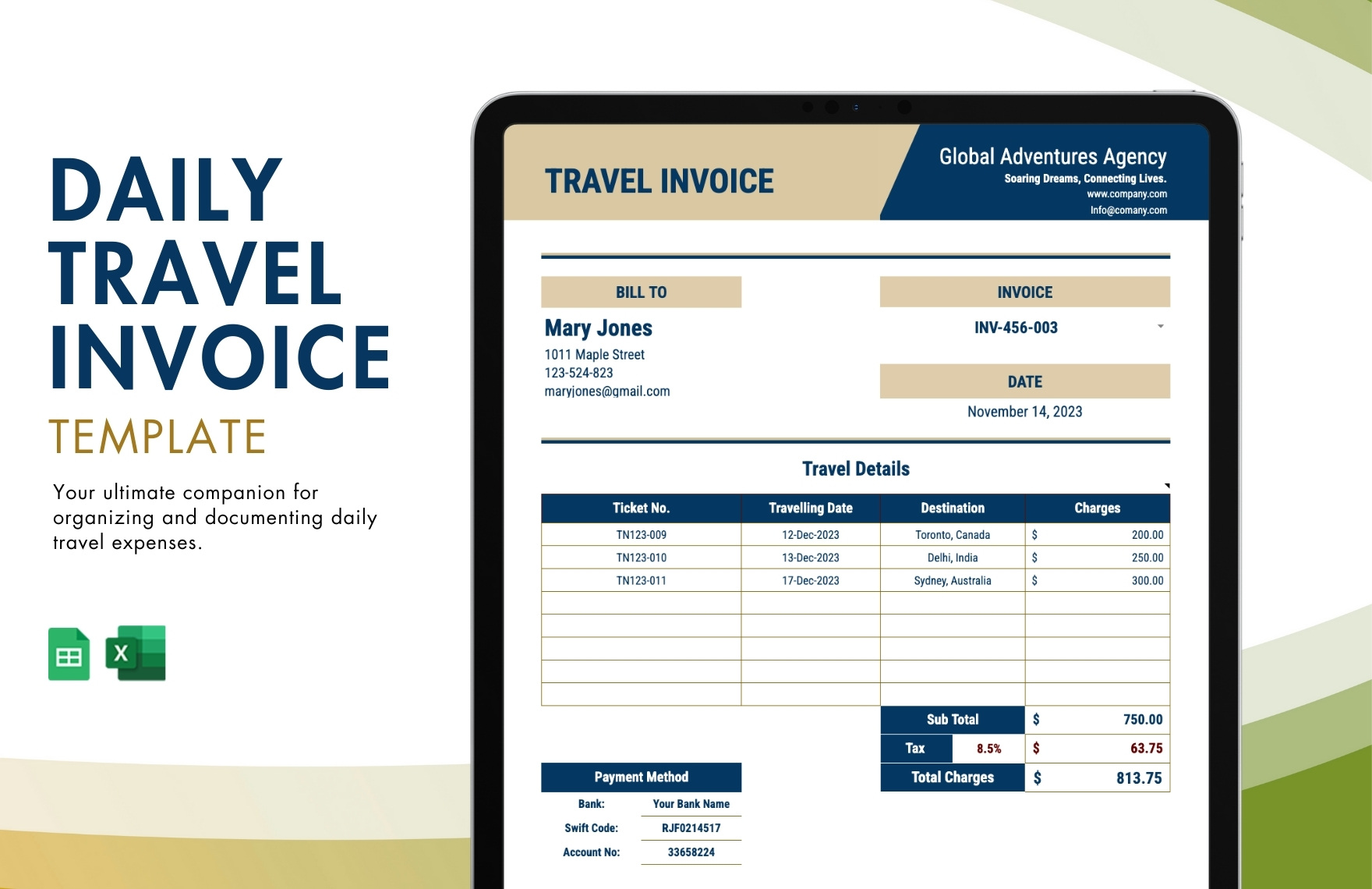 Daily Travel Invoice Template in Excel, Google Sheets - Download | Template.net