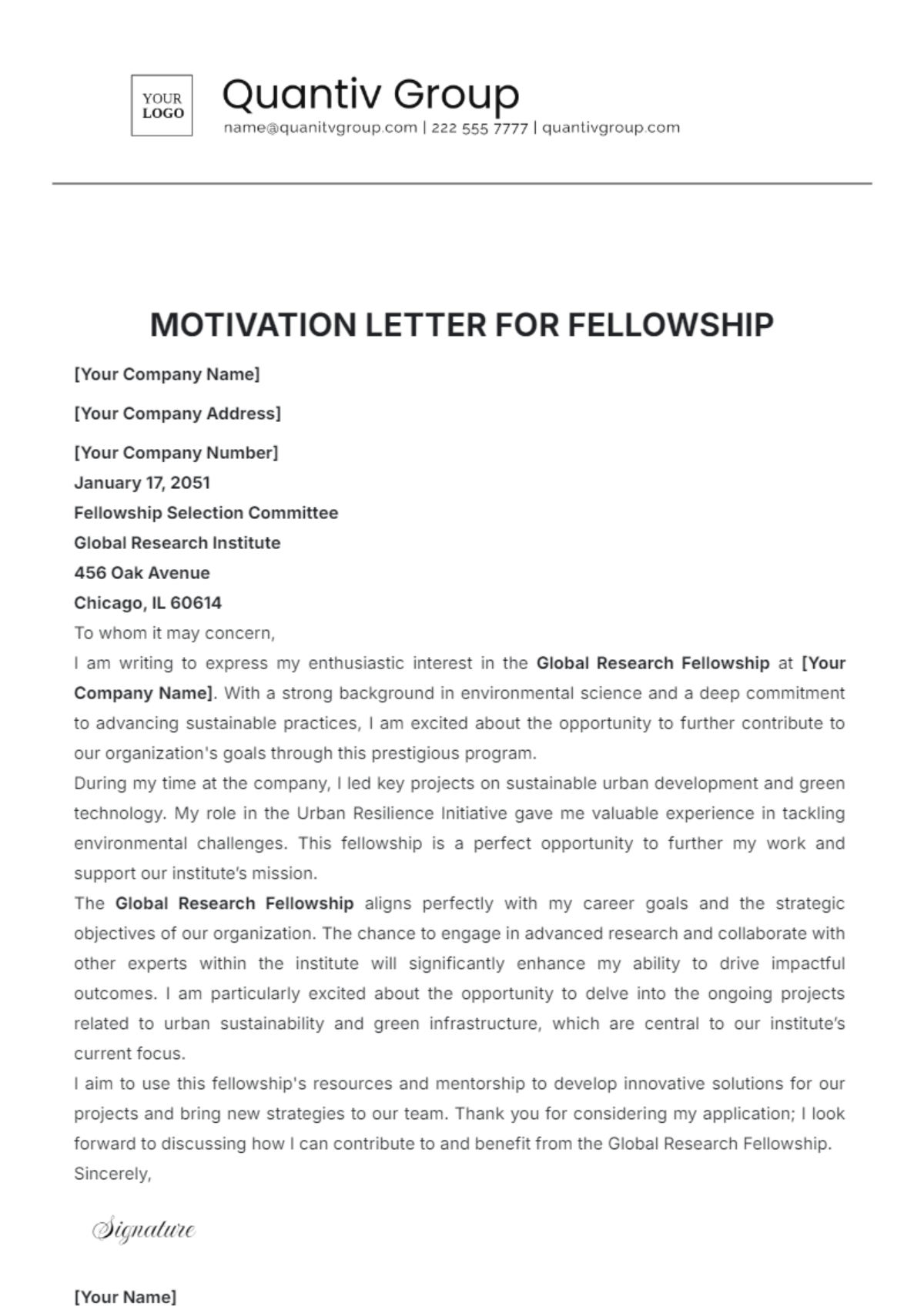 Motivation Letter for Fellowship Template