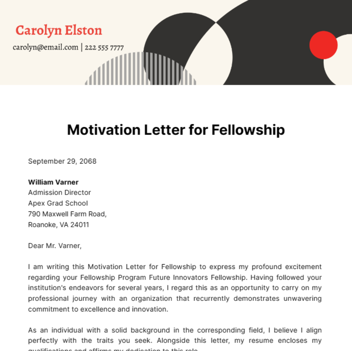 Motivation Letter for Fellowship Template