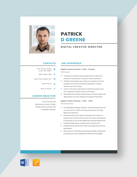 Free Digital Creative Director Resume Template - Word, Apple Pages