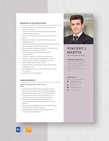 Group Product Manager Resume Template - Word, Apple Pages