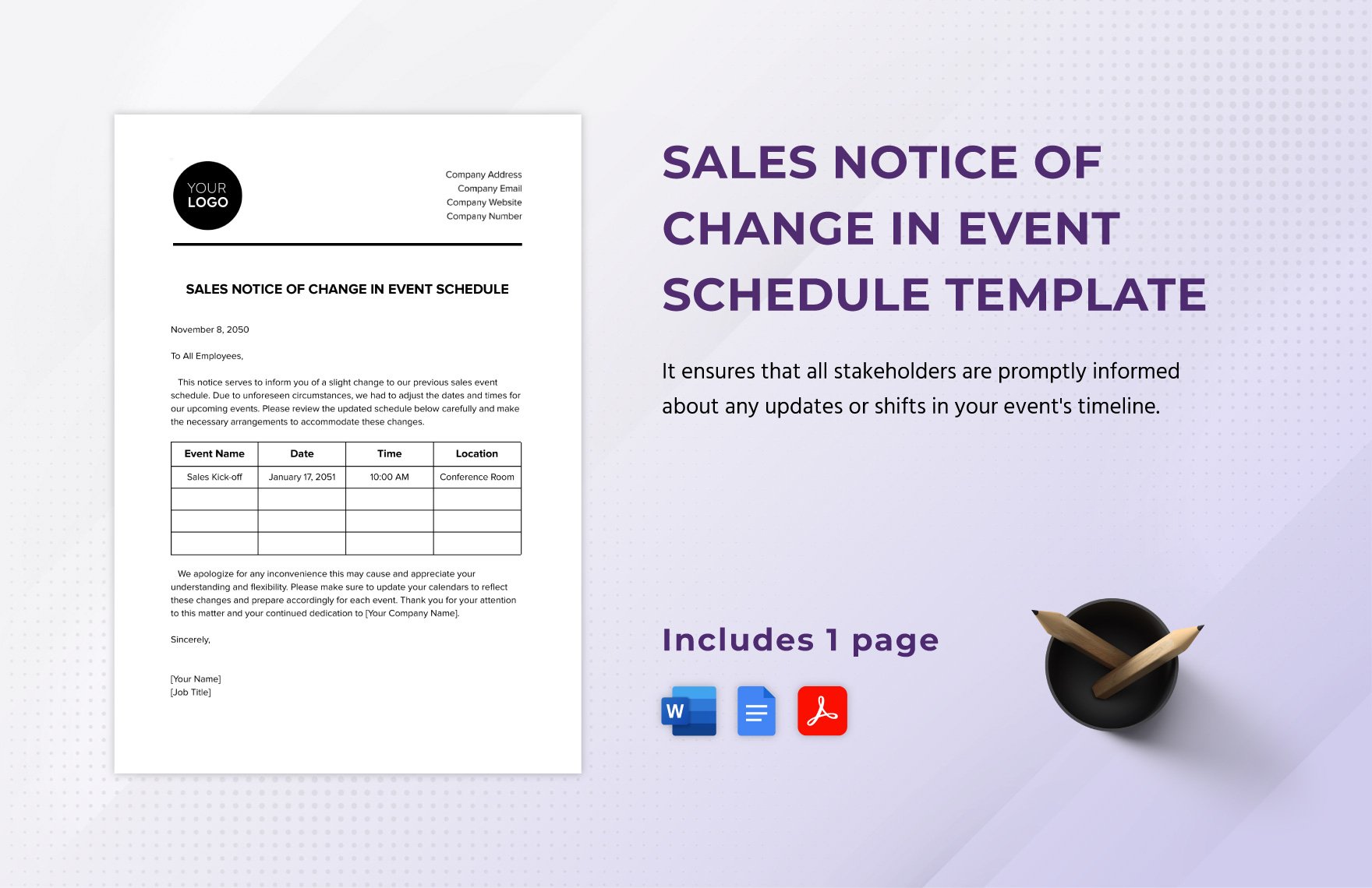 Sales Notice of Change in Event Schedule Template