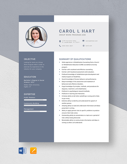 Free Group Work Program Aide Resume Template - Word, Apple Pages