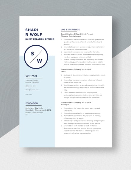 Free Guest Relation Officer Resume Template Word Apple Pages Template Net