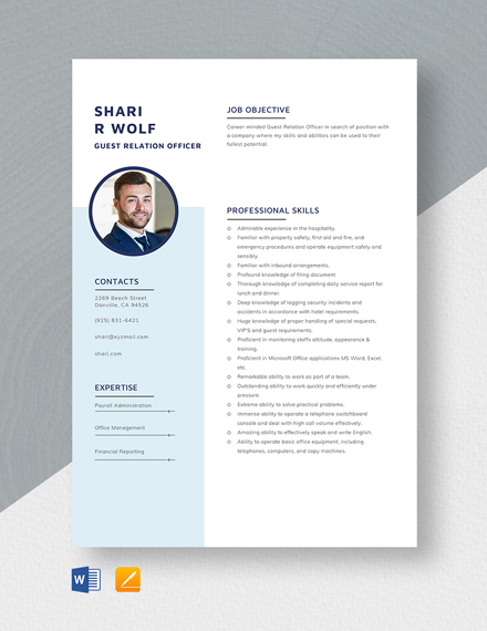 Free Guest Relation Officer Resume Template - Word, Apple Pages