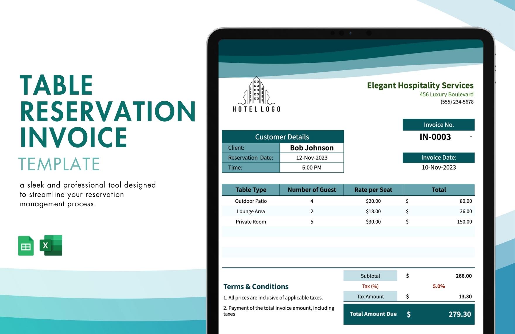 Table Reservation Invoice Template in Mp4, Google Sheets, Excel - Download | Template.net