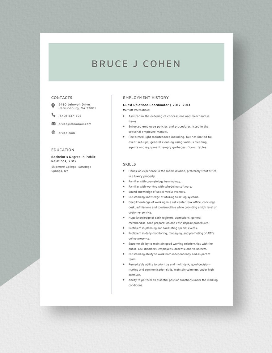 Free Guest Relations Coordinator Resume Download In Word Apple Pages 