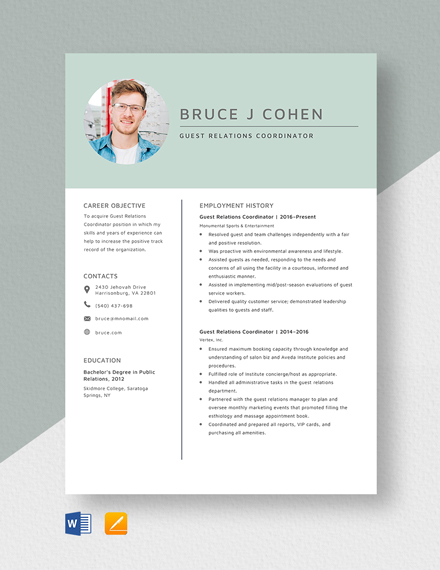 Free Guest Relations Coordinator Resume Template - Word, Apple Pages