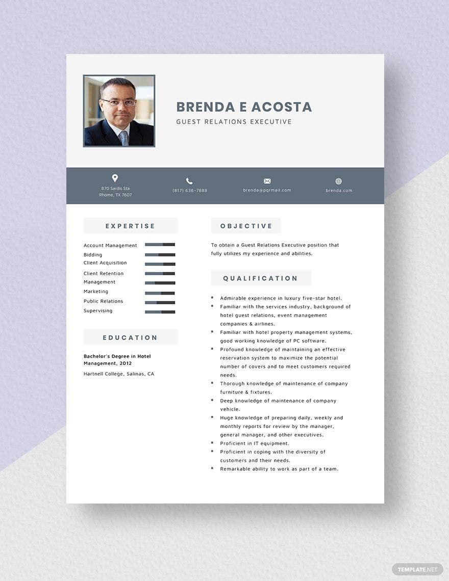 Guest Relations Executive Resume in Word, Apple Pages