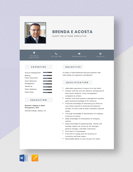 Free Guest Relations Executive Resume Template - Word, Apple Pages