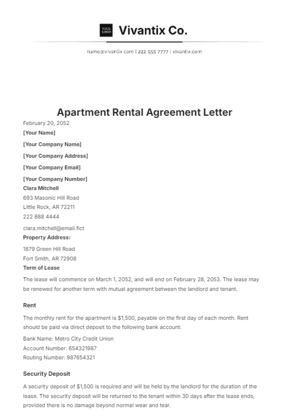 Apartment Rental Agreement Letter Template