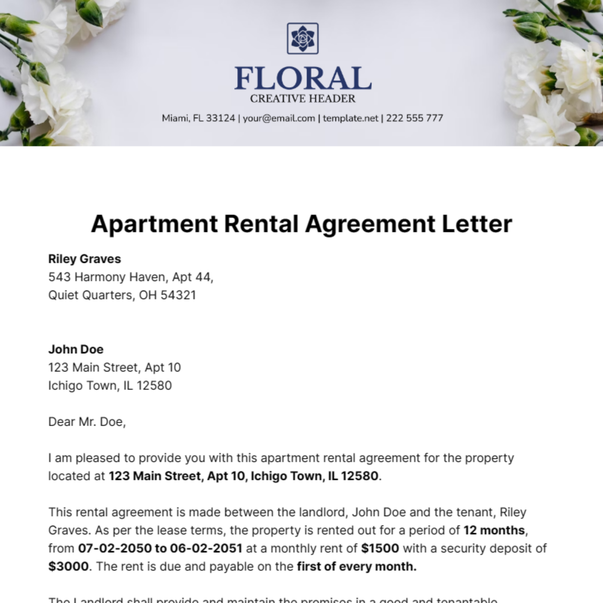 Free Apartment Rental Agreement Letter Template