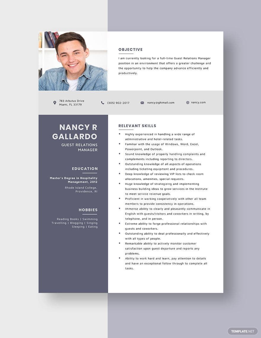 Guest Relations Manager Resume in Word, Apple Pages