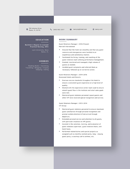 Guest Relations Manager Resume Template
