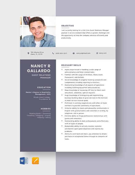 Guest Relations Manager Resume Template - Word, Apple Pages