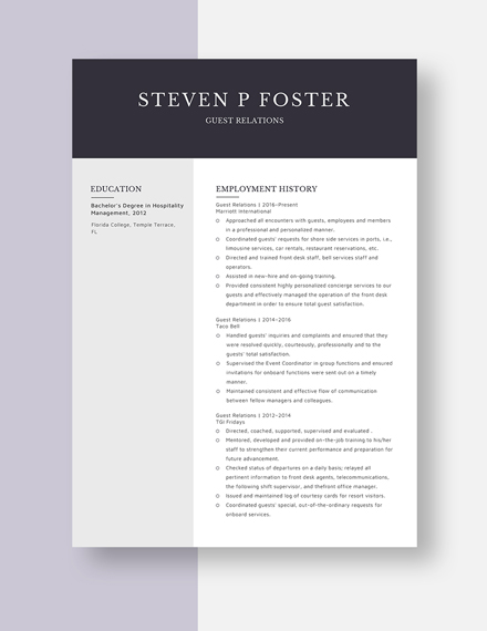 Guest Relations Resume Template