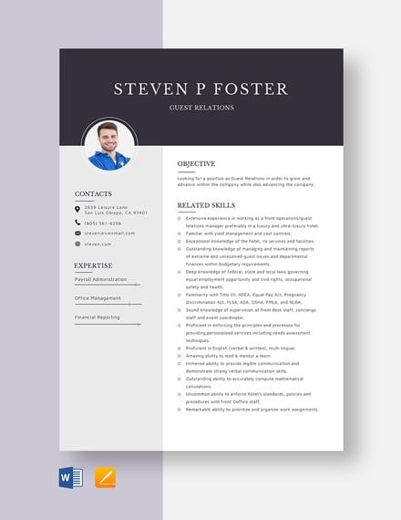 Free Guest Relations Resume Template - Word, Apple Pages