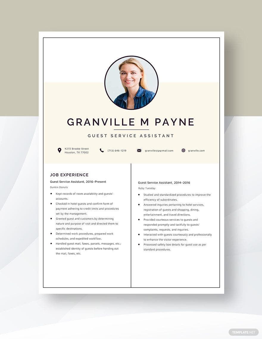 Guest Service Assistant Resume Template