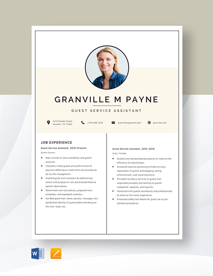 Free Guest Service Assistant Resume Template - Word, Apple Pages