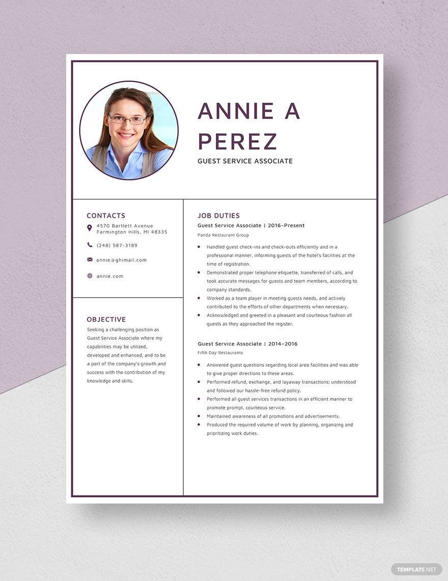Free Guest Service Associate Resume in Word, Apple Pages
