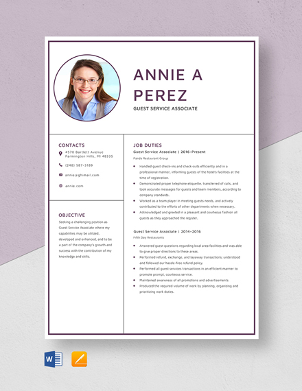 Free Guest Service Associate Resume Template - Word, Apple Pages