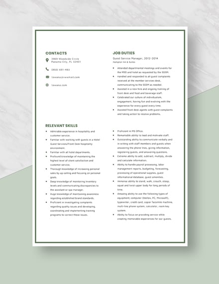 Guest Service Manager Resume Template