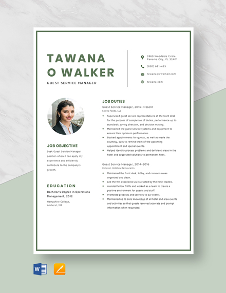 Free Guest Service Manager Resume Template - Word, Apple Pages