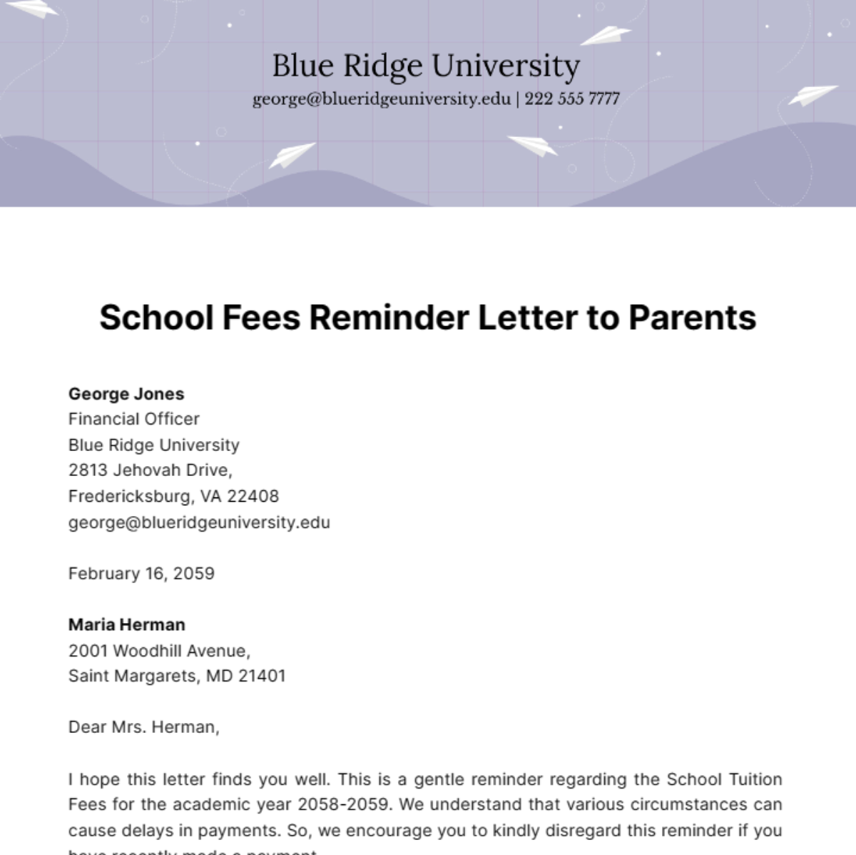 Free School Fees Reminder Letter to Parents Template