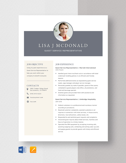 Free Guest Service Representative Resume Template - Word, Apple Pages