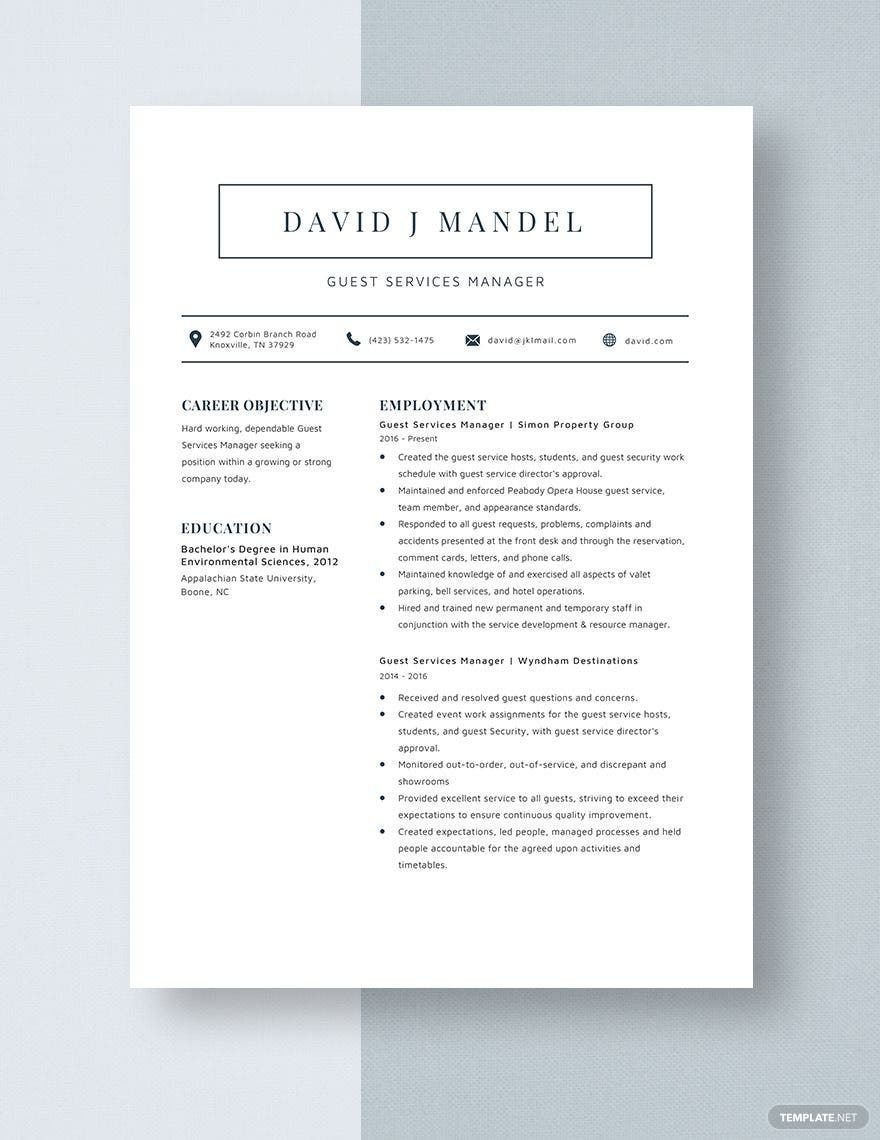 Free Guest Services Manager Resume in Word, Apple Pages