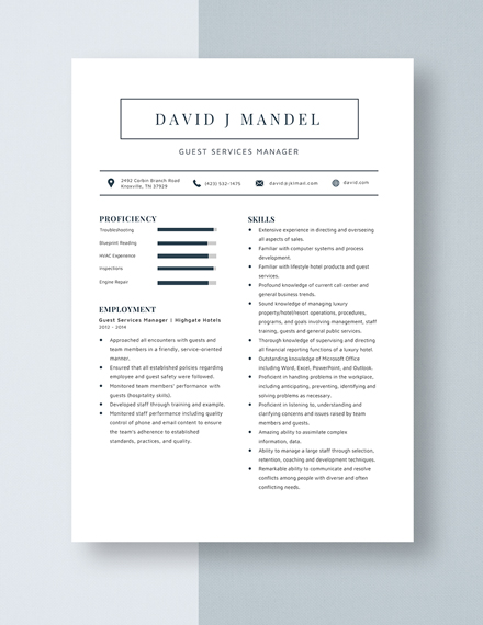 Guest Services Manager Resume Template