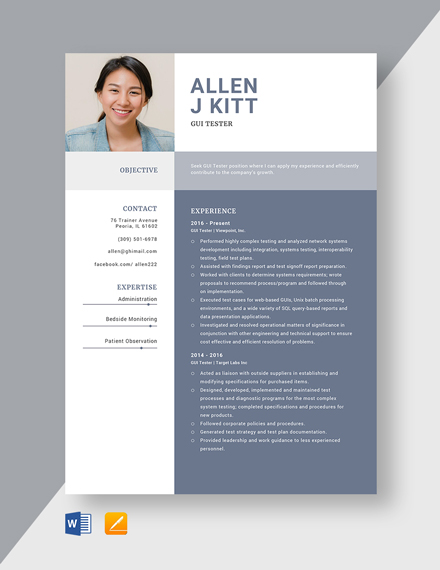 Free GUI Tester Resume Template - Word, Apple Pages