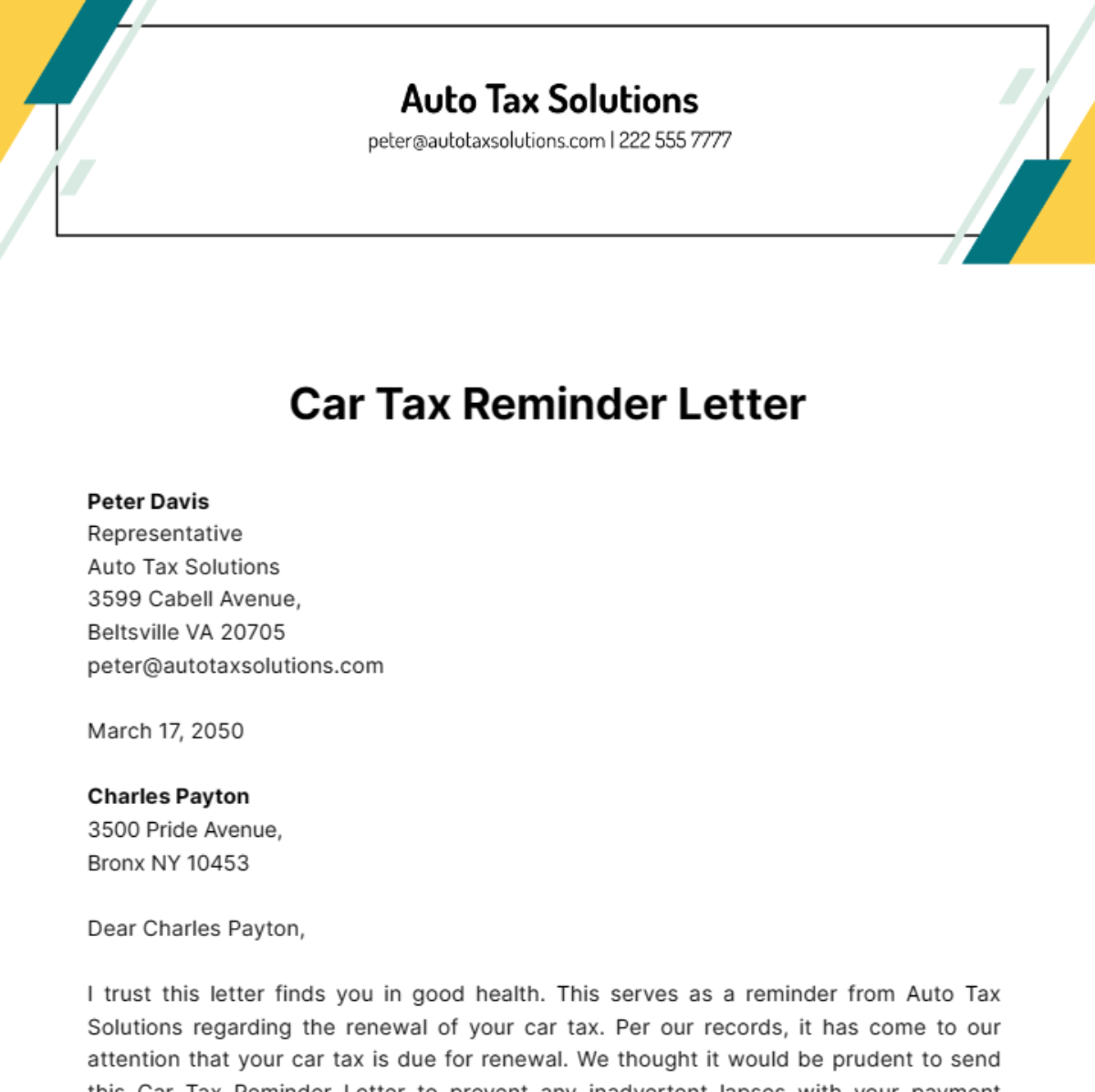 Car Tax Reminder Letter Template
