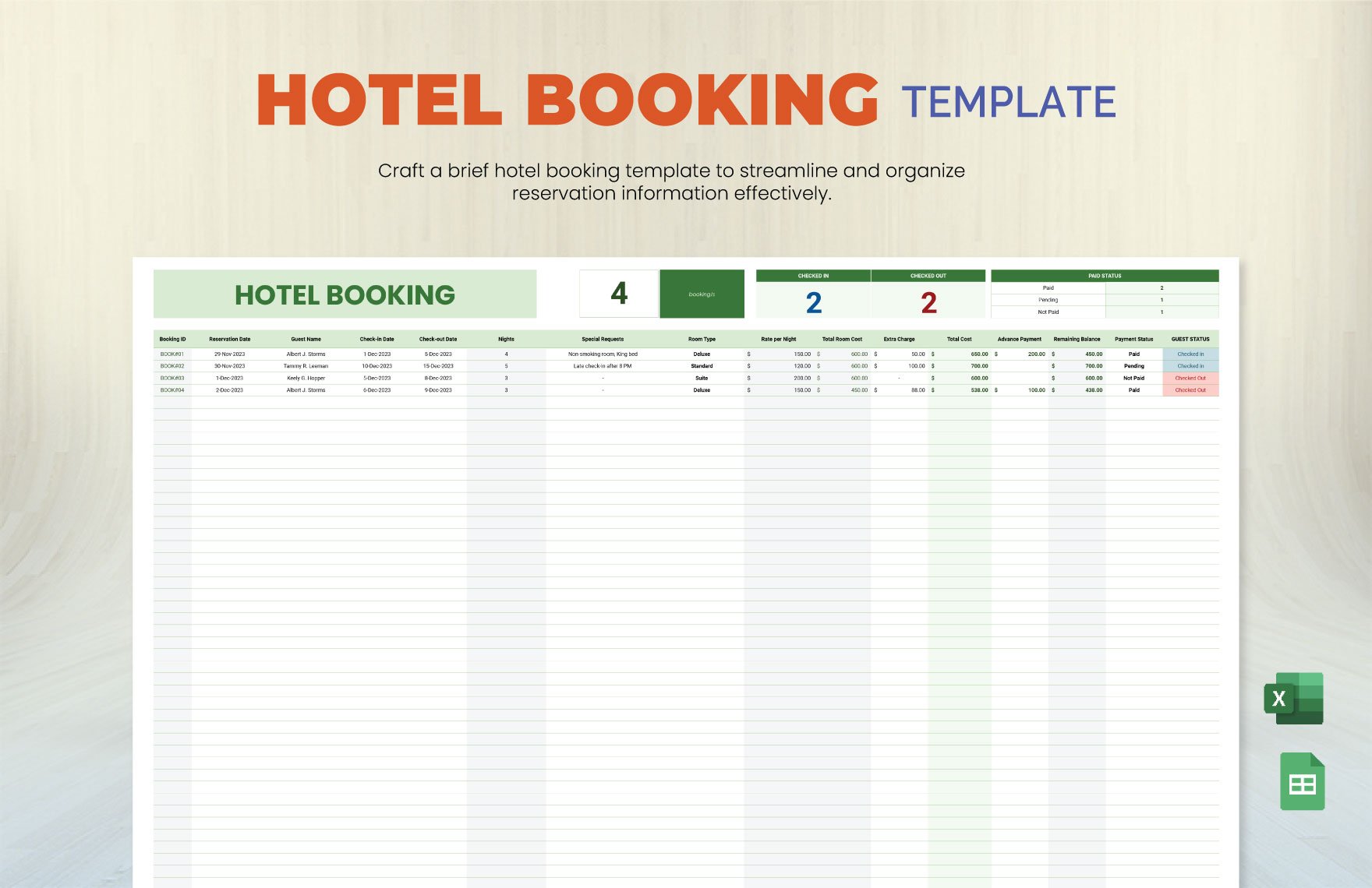 Hotel Booking Template in Excel, Google Sheets