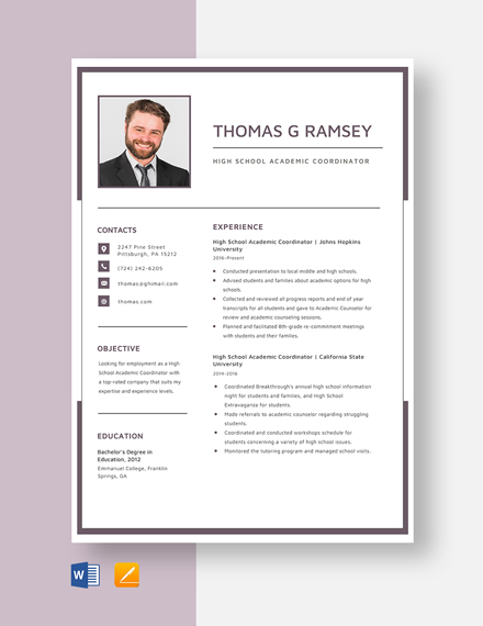 Free High School Academic Coordinator Resume Template - Word, Apple Pages