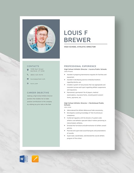 High School Athletic Director Resume Template - Word, Apple Pages