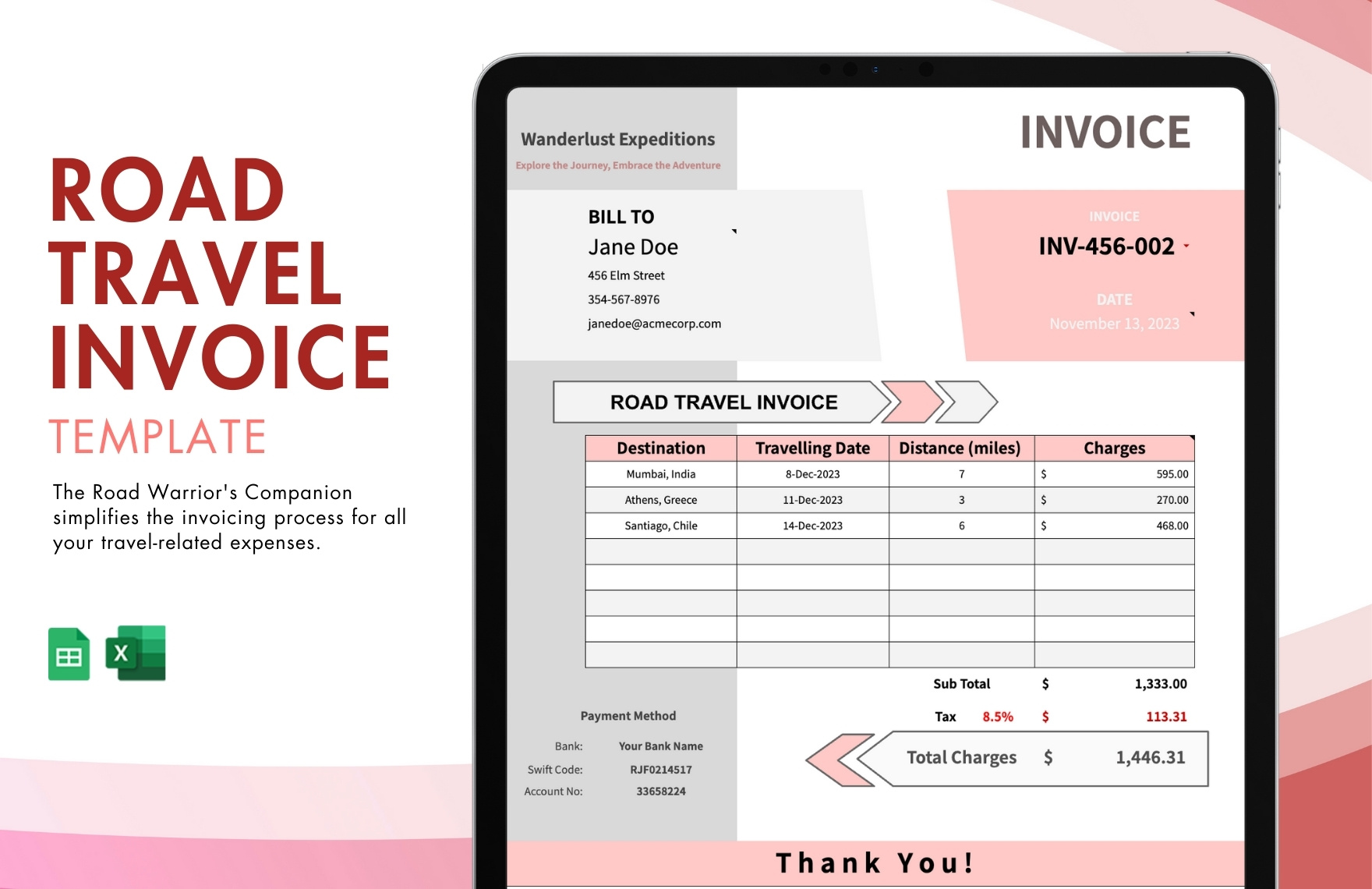 Road Travel Invoice Template in Excel, Google Sheets - Download | Template.net