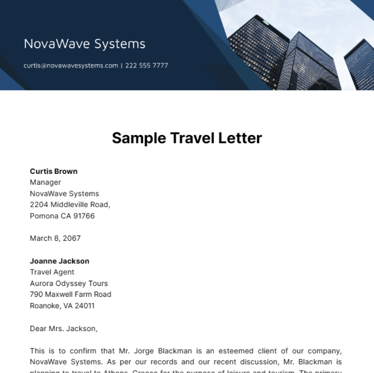 Sample Travel Letter Template